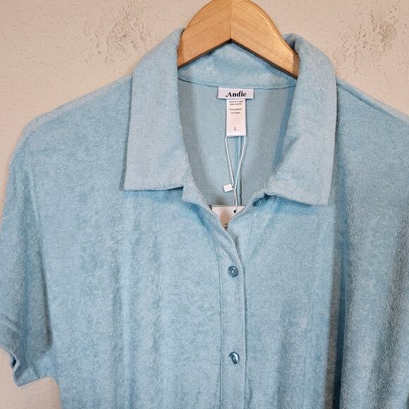 Andie The Button Up Romper Blue Women's Size Large Beach Vacation Layer - Picture 4 of 7